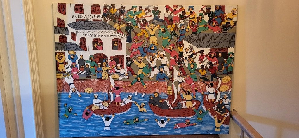 Schilderij Zanzibar - TingaTinga, Antiek en Kunst, Ophalen of Verzenden, Textiel, Ingelijst, Figuren