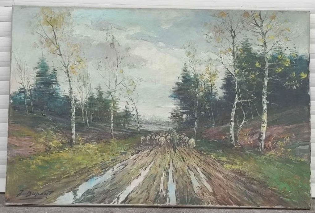 Huile sur toile berger et ses moutons signe j dupont, Enlèvement ou Envoi, Toile
