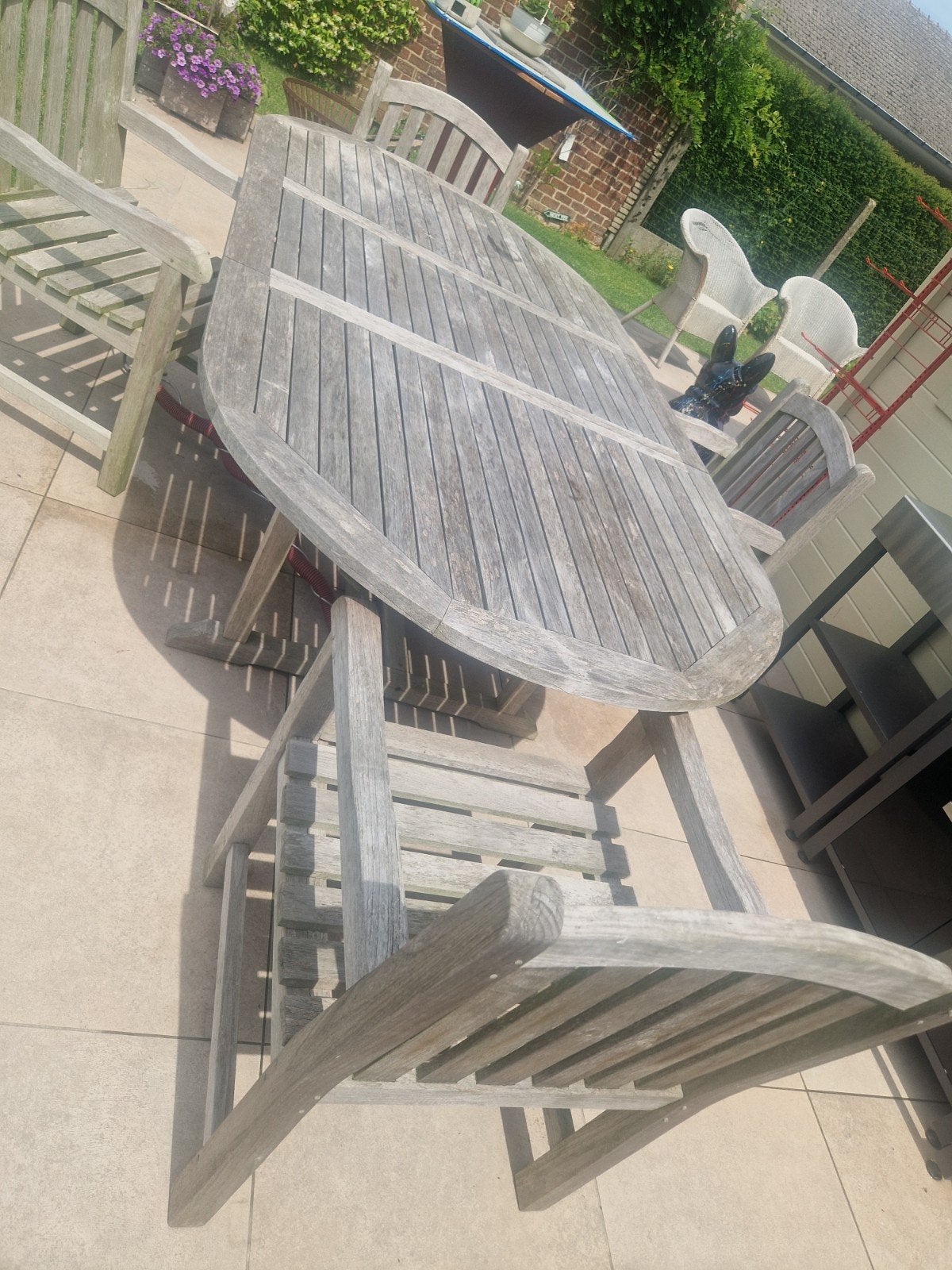 Tuintafel met stoelen in hardhout, Tuin en Terras, Ophalen, Gebruikt, Hardhout, 6 zitplaatsen