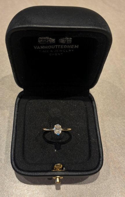 Geelgouden verlovingsring met GIA-gecertificeerde diamant, Handtassen en Accessoires, Ringen, Ophalen, Zo goed als nieuw, 17 tot 18