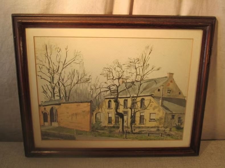 Belle aquarelle peinte « Manoir avec arbres » - 44x34, Antiquités & Art, Art | Peinture | Classique, Enlèvement ou Envoi, Sous verre