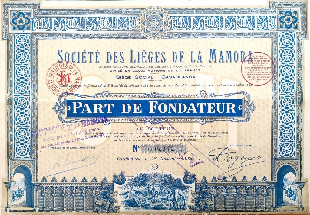 Société des Lièges de la Mamora 1920, Postzegels en Munten, Aandelen en Waardepapieren, Ophalen of Verzenden, Voor 1920, Aandeel