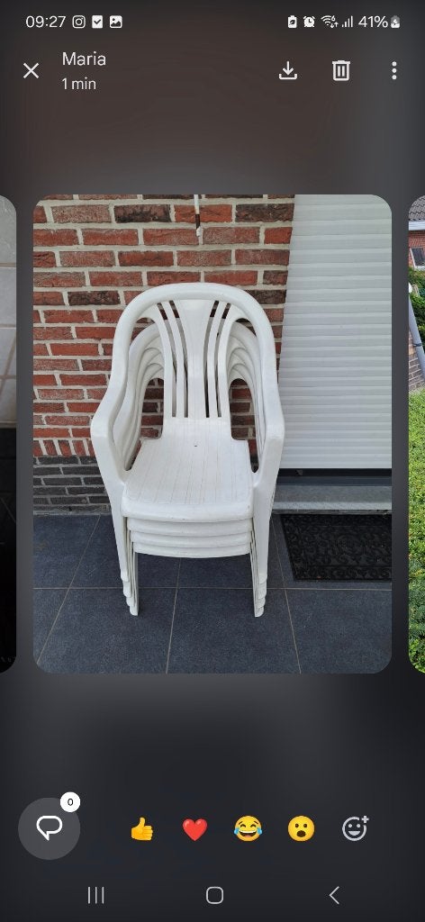 4 witte tuinstoelen, Tuin en Terras, Ophalen, Gebruikt, Kunststof, Stapelbaar