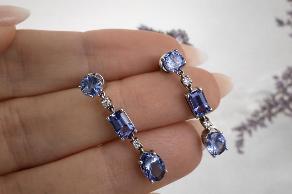 Nouv. boucles d'oreilles -or blanc 14k- tanzanite -diamant, Bijoux, Sacs & Beauté, Boucles d'oreilles, Neuf, Pendantes, Or, Bleu