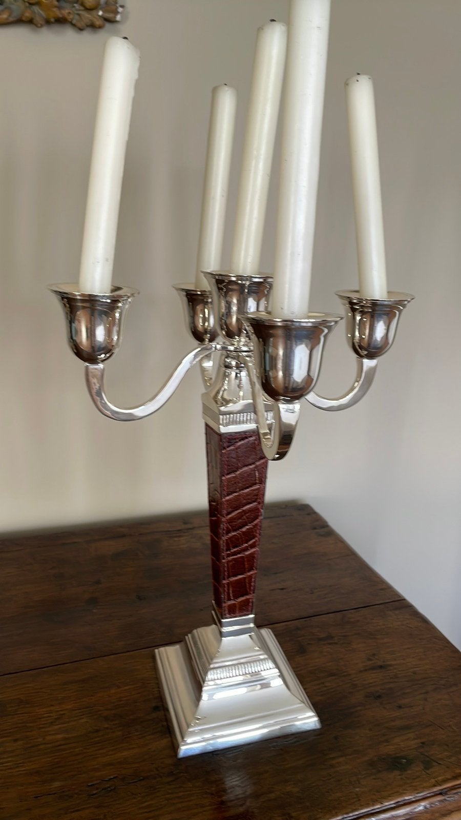 Kandelaar zilver/leder flamant intact, Antiek en Kunst, Ophalen, Zilver