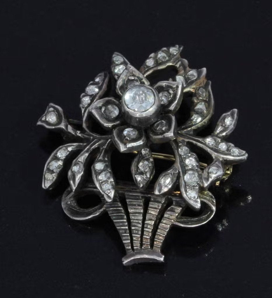 Diamanten 14k gouden giardinetti bloem broche antiek zilver, Ophalen of Verzenden, Zilver, Broche, Met edelsteen