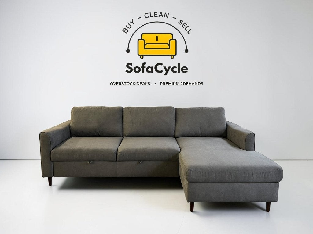 Hoekzetel donkergrijs met slaapfunctie – nieuw, Gebruikt, Stof, Zonnestraat 223-229, 9600 Ronse, België, Info@sofacycle.be