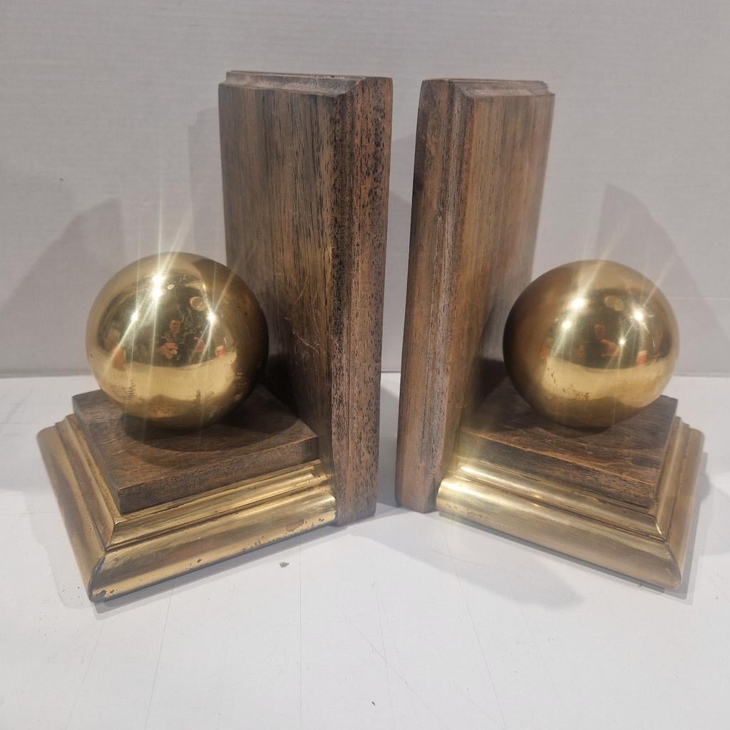 Houten boeksteunen met koperen bol en goud kleurige afwerkin, Ophalen of Verzenden, Koper