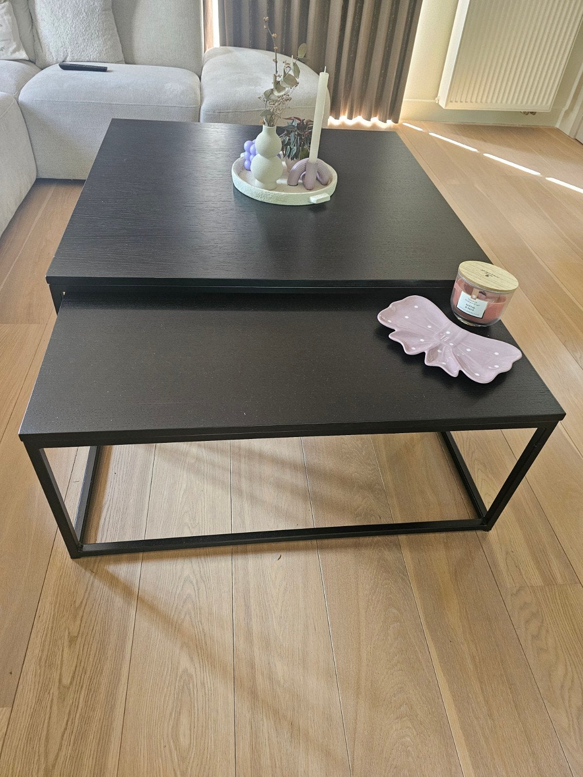 Salontafel set 2 zwart houten met stalen frame, Ophalen of Verzenden