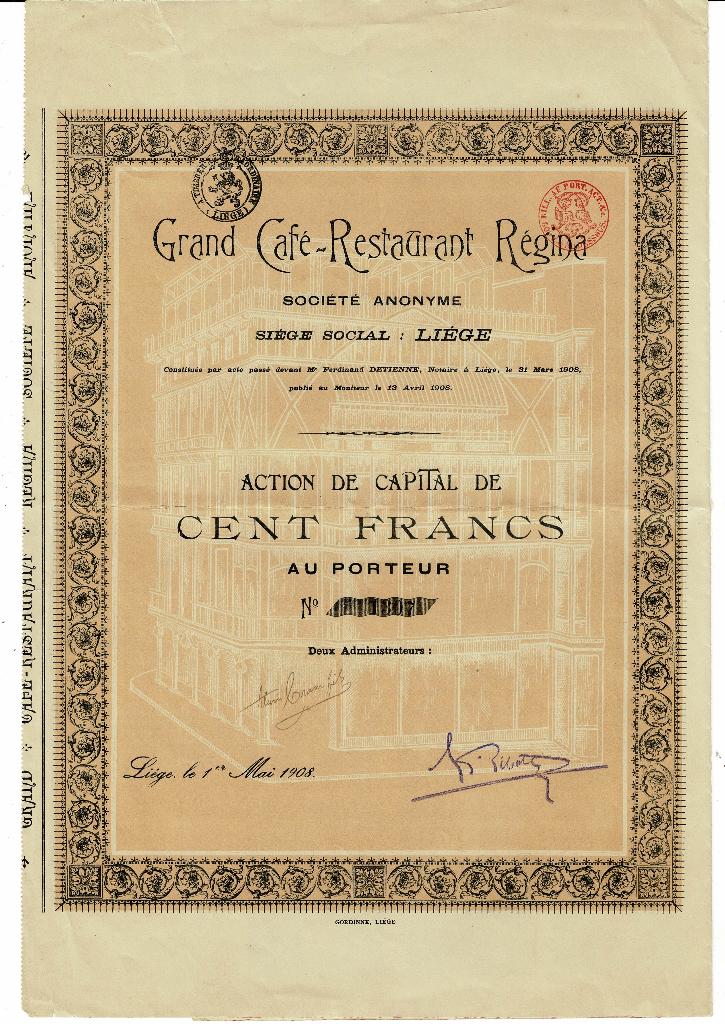 Grand Café-Restaurant Regina - Liège 1908 - Acción de 100f, Timbres & Monnaies, Actions & Titres, Envoi, Avant 1920, Action