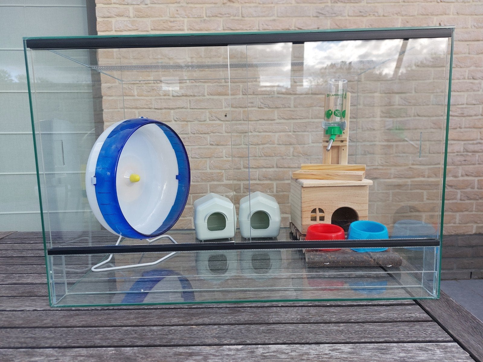 Glazen hamsterkooi (60B x 40D x 40H) + toebehoren, Dieren en Toebehoren, Kooi, Minder dan 75 cm, Zo goed als nieuw, Hamster