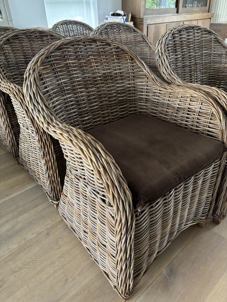 Set rieten meubels – 6 stoelen, console & grote mand, Ophalen, Gebruikt, Riet of Rotan, Landelijk, tijdloos