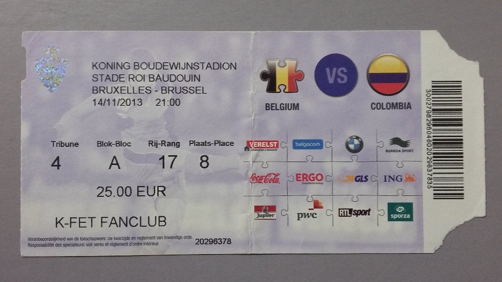Ancien ticket football Belgique - Colombie 14/11/2013, Enlèvement ou Envoi, Utilisé, Autres types