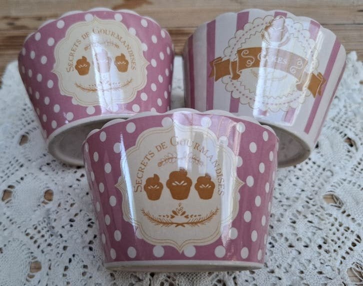 3 Franse ijs schaaltje met roze strepen en creme dots, Huis en Inrichting, Gebruikt, -, -, Ophalen of Verzenden