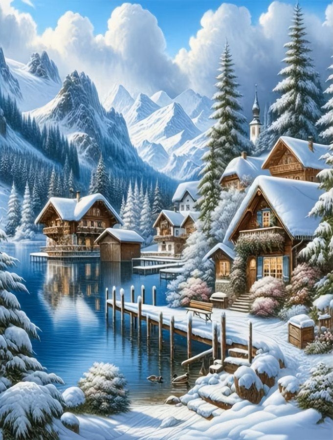 25x20cm Diamond Painting winter landschap (rond) nr 436, Ophalen of Verzenden, Nieuw, Landschappen, Diamond painting
