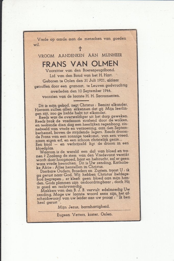 Slachtoffer WO II - Olen granaat 1944 - Leuven, Verzenden, Bidprentje