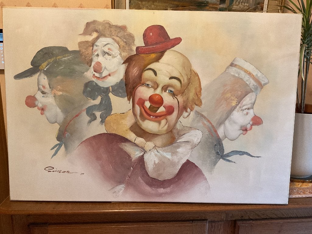 Olieverf op doek met clownmotief gesigneerd Simon, Ophalen, Doek, Expressionistisch, Gesigneerd