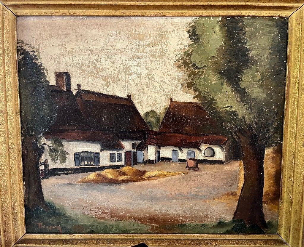 Ferme flamande animée » par Suzanne THIENPONT, Peinture à l'huile, Signé, Enlèvement, Paysage urbain / rural