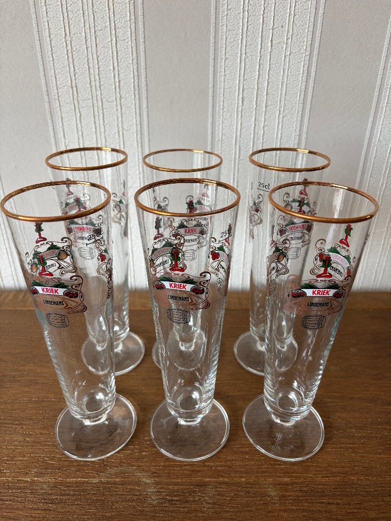 6 verres à bière Lindemans Fruit avec bord doré, Collections, Enlèvement ou Envoi, Neuf, Autres types
