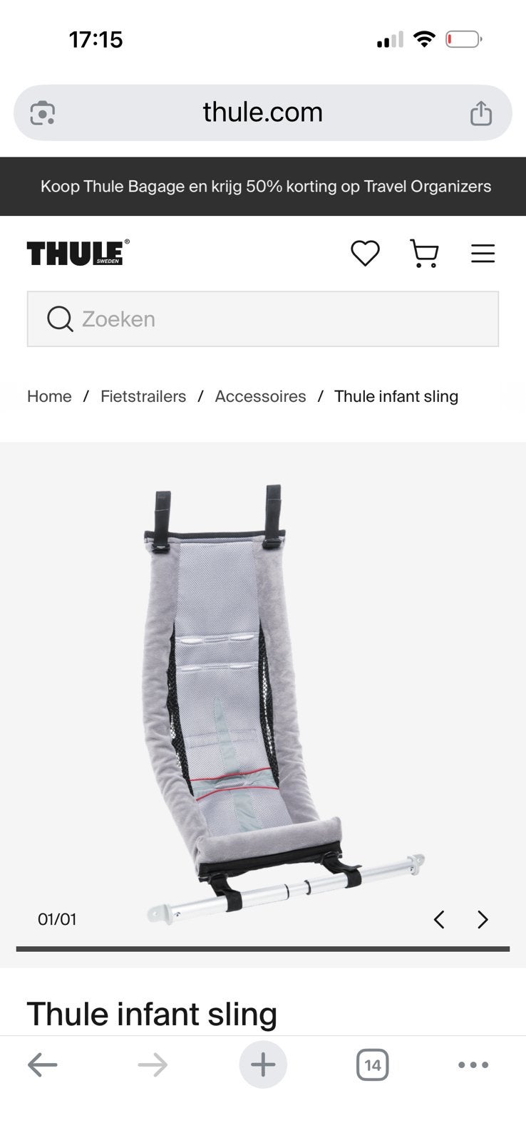 Thule infant sling fietskar, Fietsen en Brommers, Fietsaccessoires | Aanhangwagens en Karren, Ophalen, Zo goed als nieuw