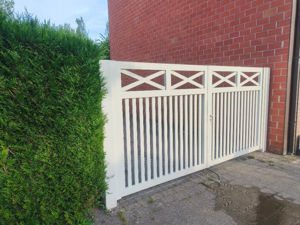 Metalen dubbele poort., Jardin & Terrasse, Clôtures de jardin, Clôture ornementale, Enlèvement, Avec portail, Utilisé