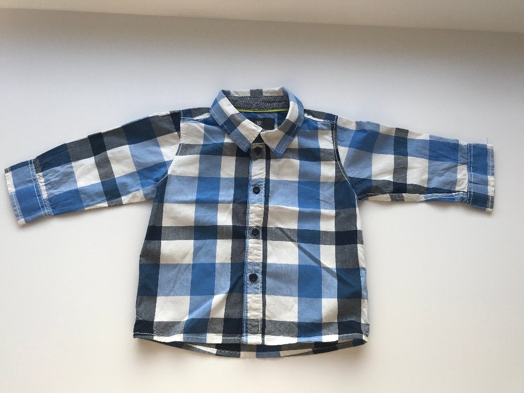 Blauw/wit geruit hemd maat 74, H&M, Ophalen of Verzenden, Zo goed als nieuw, Overhemdje of Bloesje
