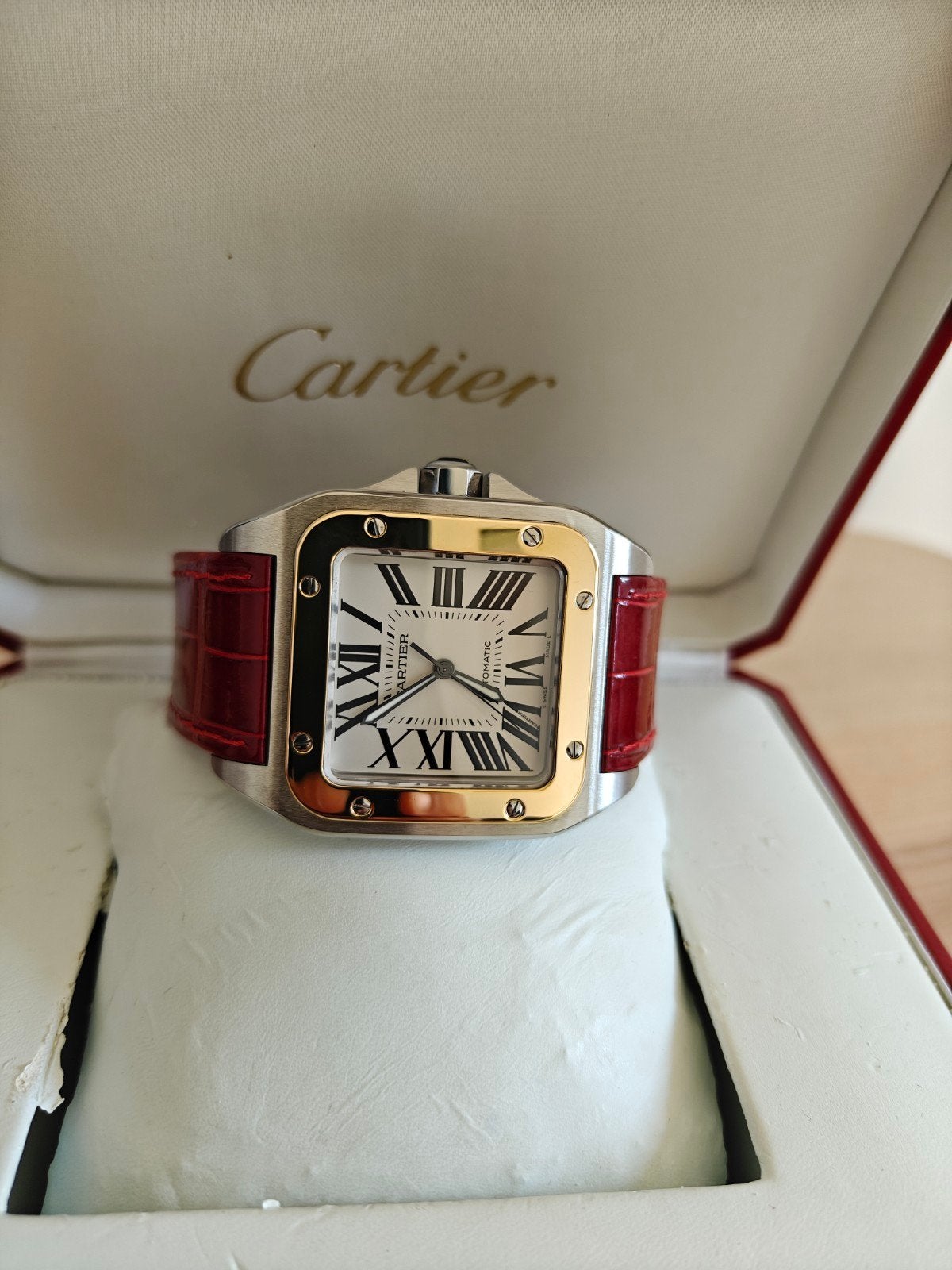 Cartier Santos 100 staal/goud fullset, Handtassen en Accessoires, Horloges | Dames, Leer, Polshorloge, Zo goed als nieuw, Goud