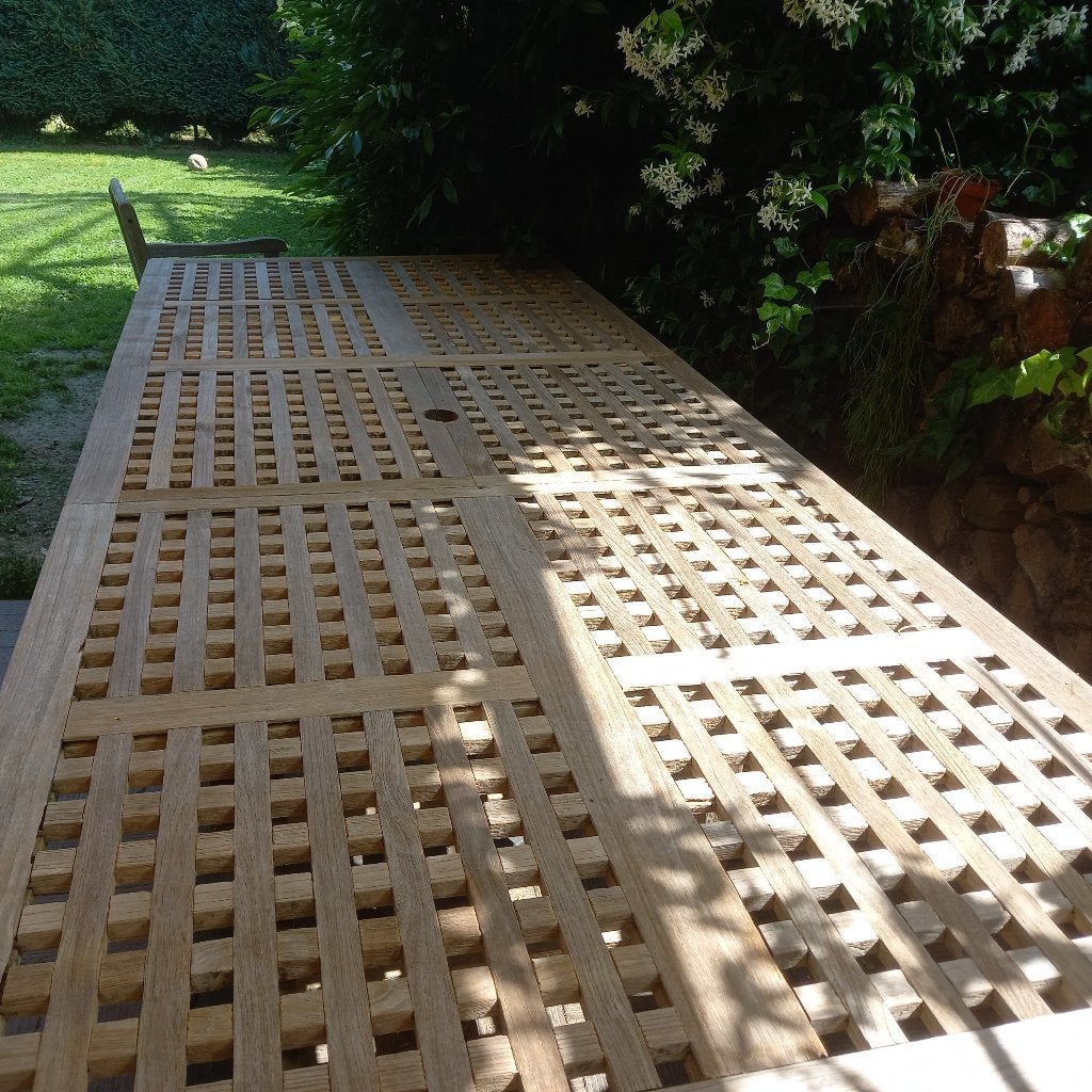 Table teck massif 270cm x 110cm (avec rallonge) ou 207cm, Enlèvement, Utilisé, Rectangulaire, Bois de teck