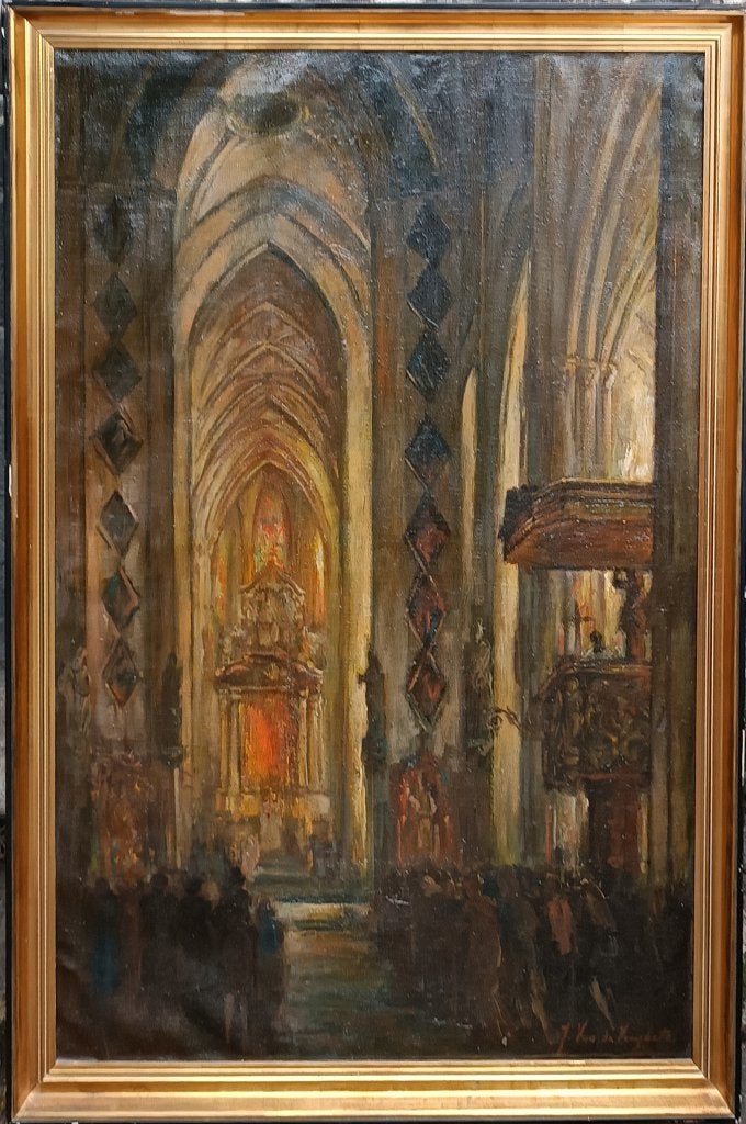 Jules Van De Veegaete (1886-1960): Kerkinterieur (O/D,84x120, Ophalen, Gesigneerd
