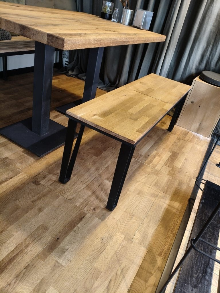 4 bancs bas sans dossier, en chêne et métal (120 cm de long), Enlèvement