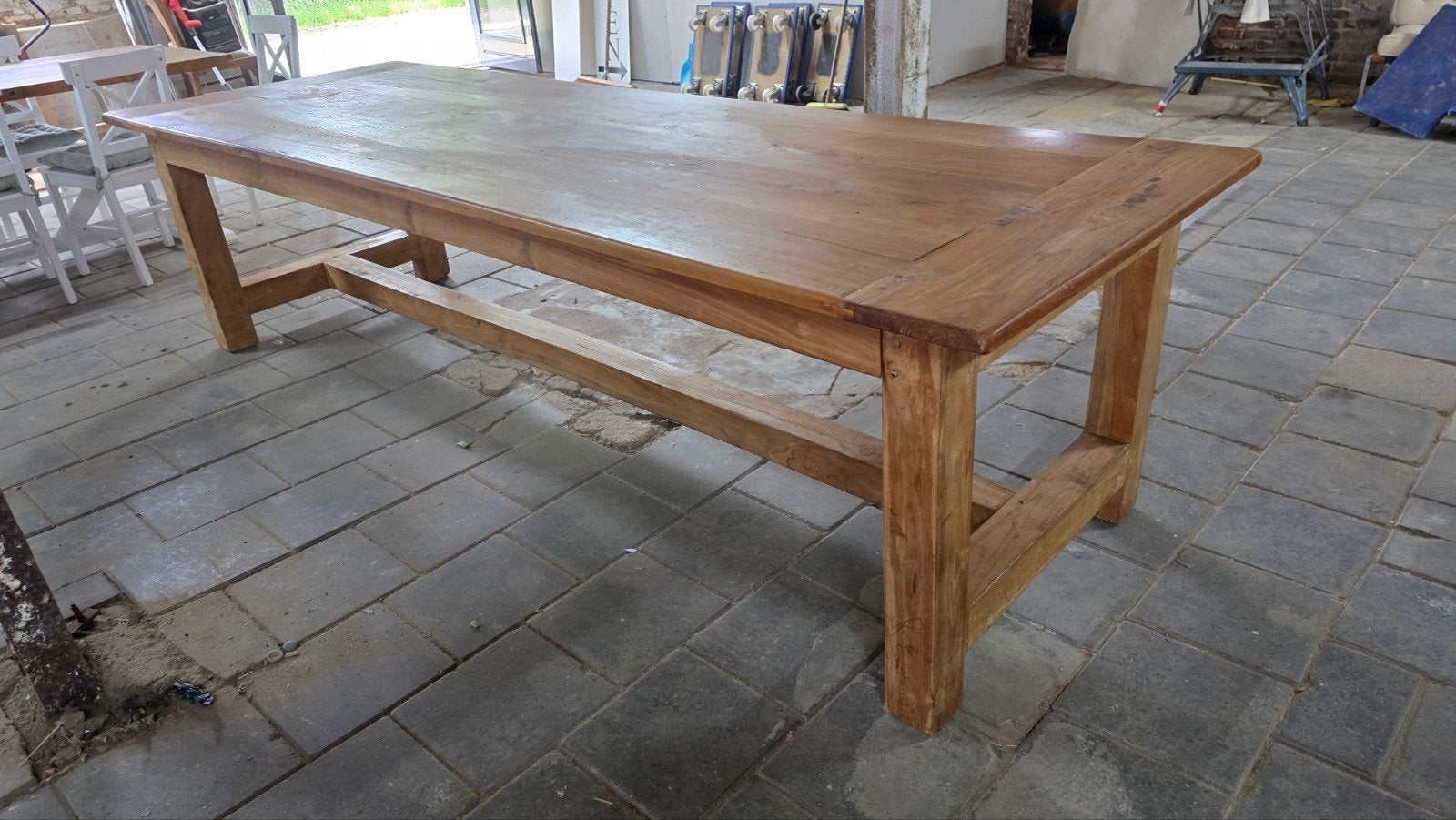 300 cm lange boerentafel mooi geleefd blad, Huis en Inrichting, Tafels | Eettafels, Ophalen of Verzenden, Gebruikt