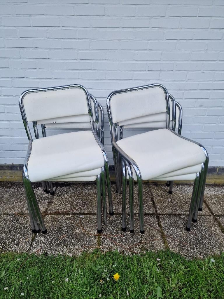 6 vintage stoelen, wit leren kussens, Huis en Inrichting, Stoelen, Ophalen, Gebruikt, Leer, Wit