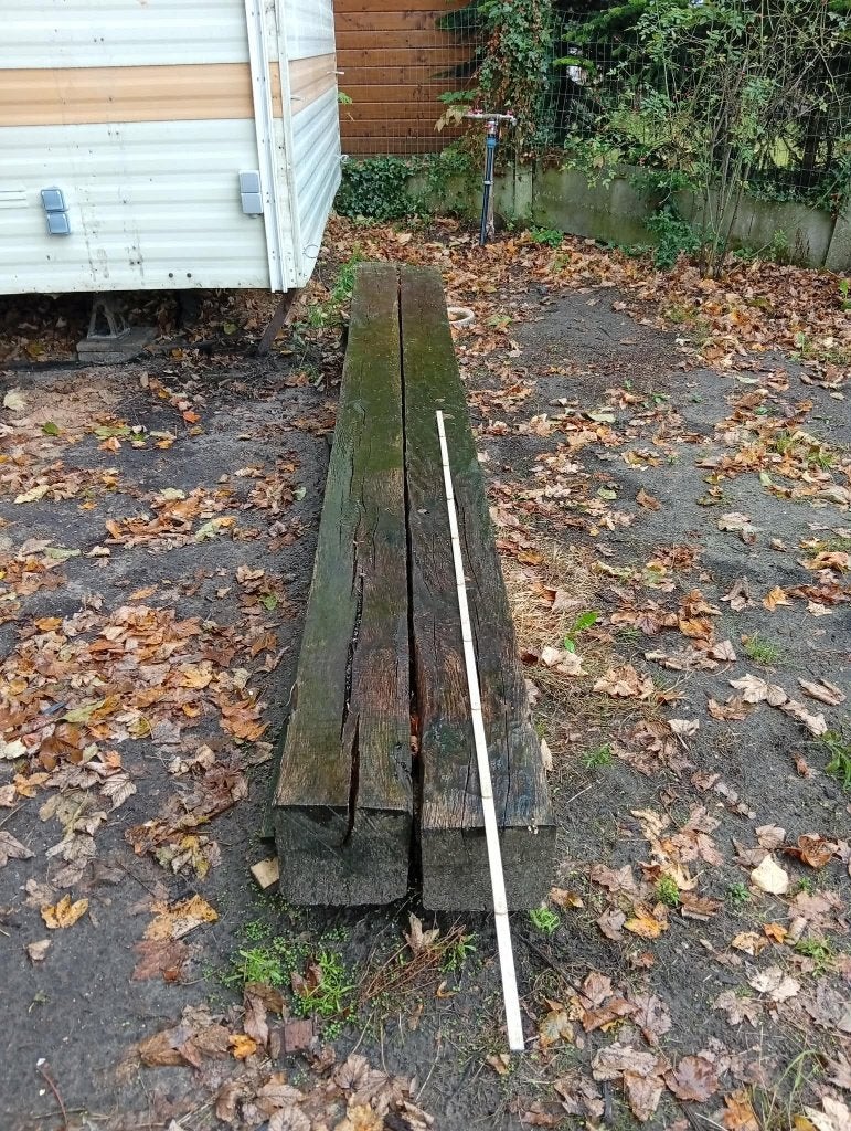 4 eiken balken uit oude woning 375 cm, Ophalen, Gebruikt, Eiken, Balk