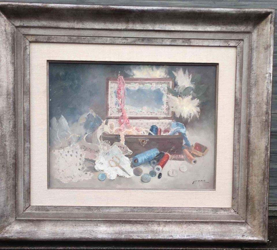 Huile sur panneau boîte à couture signe Louis henno, Antiquités & Art, Enlèvement ou Envoi