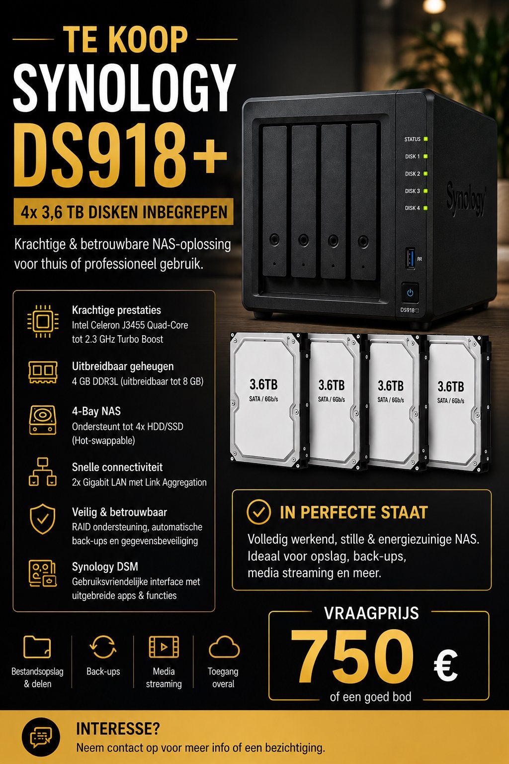 Synology DS918+ - 4x3.6 TB, Enlèvement, Comme neuf