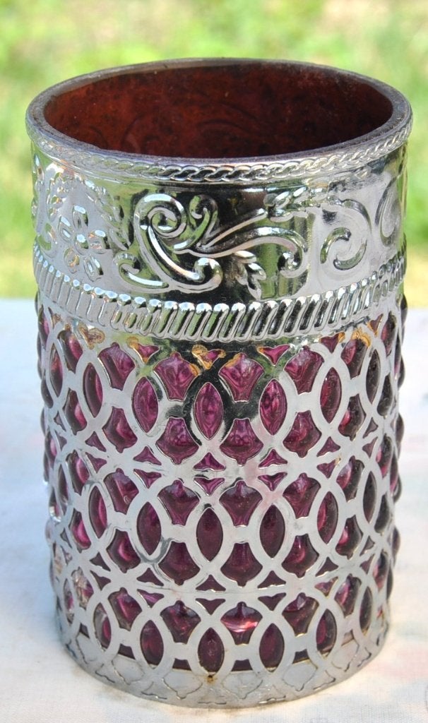 photophore haut en métal et verre mauve, Enlèvement ou Envoi, Comme neuf, Autres matériaux, Argenté