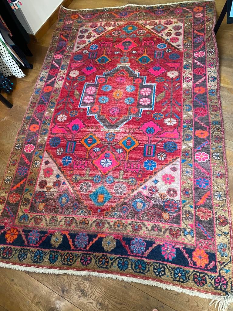 Hamadan handgeknoopt tapijt Iran met certificaat— Vintage, Ophalen, Gebruikt, 100 tot 150 cm, 200 cm of meer