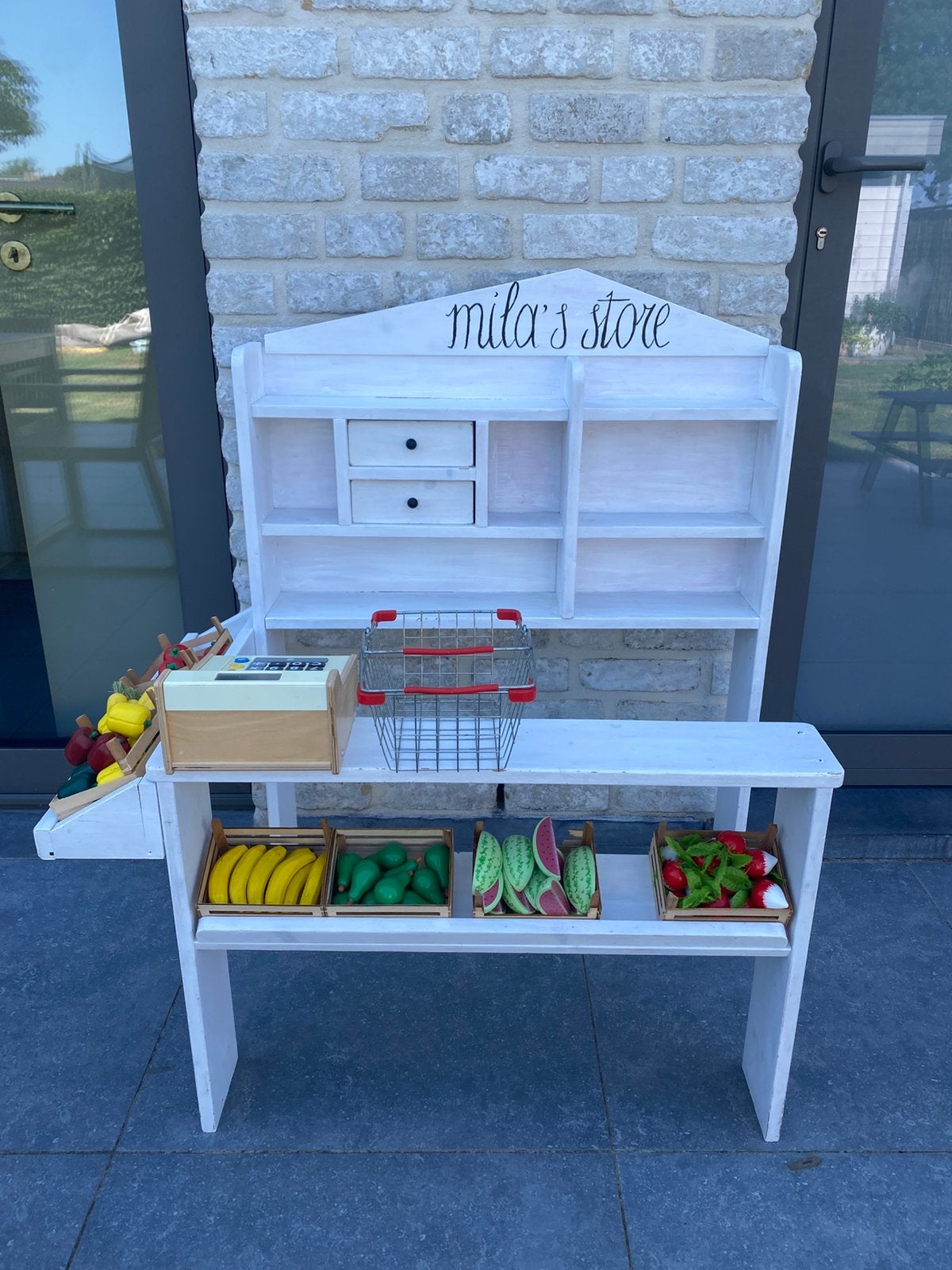 Houten wit winkeltje, inclusief houten groenten, Kinderen en Baby's, Ophalen, Gebruikt