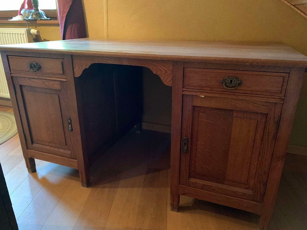 Bureau eik dubbelzijdig met kastjes en laden, Ophalen, Gebruikt, Hout, Bruin
