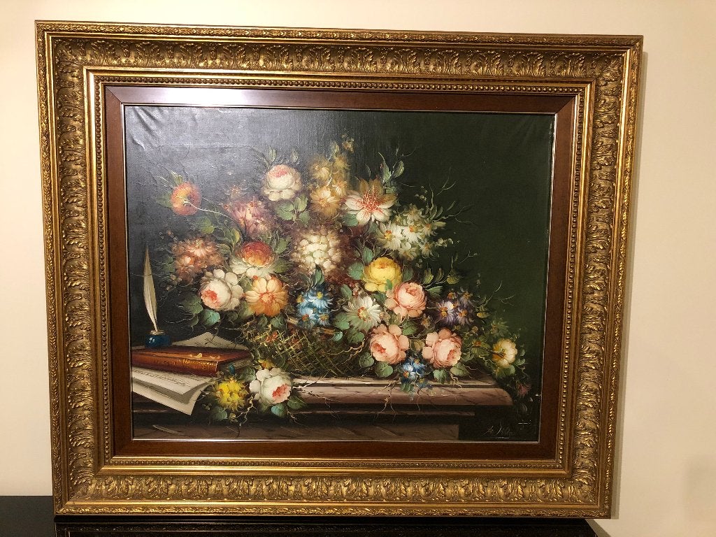 Roberto Michel - Prachtig olieverfschilderij, Bloemen, Doek, Ophalen of Verzenden, Bijzondere lijst