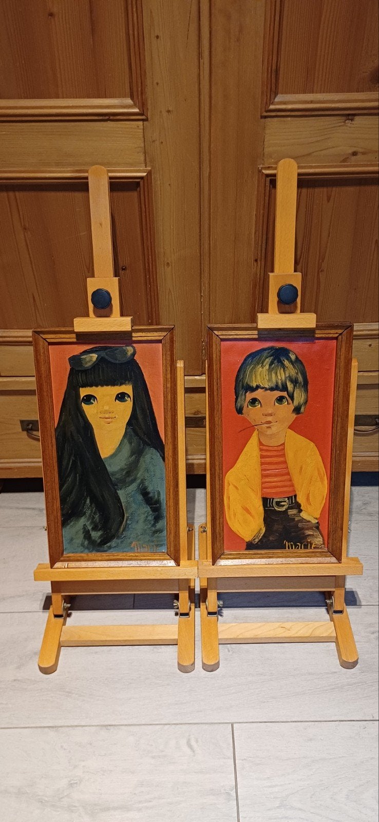 peintures vintage Big Eyes 2 x Années 1960/70, Antiquités & Art, Enlèvement ou Envoi, Signé, Peinture à l'huile, Portrait