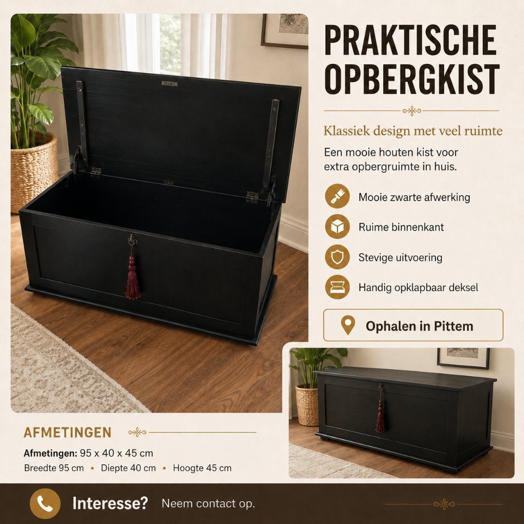Stijlvolle zwarte houten opbergkist – 95 x 40 x 45 cm, Huis en Inrichting, Ophalen