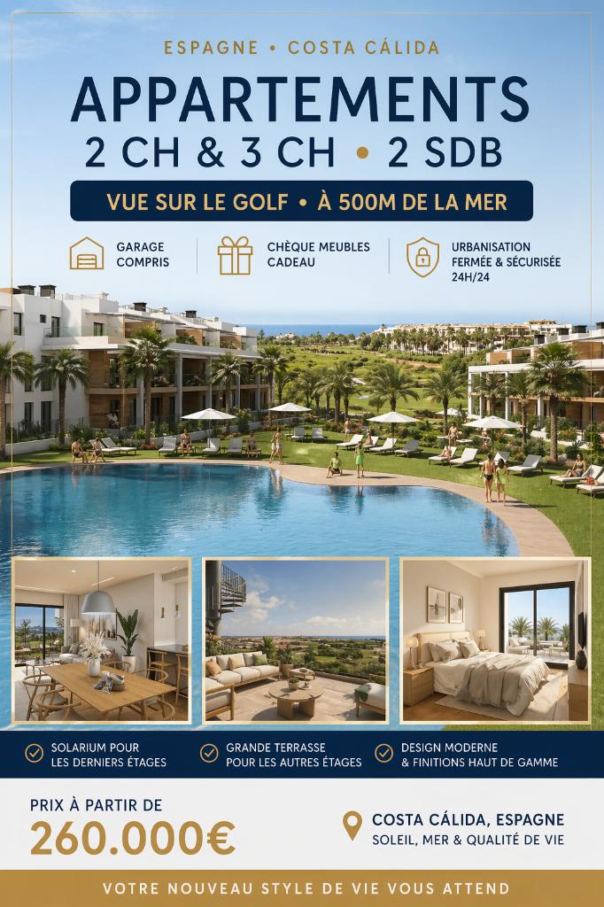 Appartement bord de mer et golf a vendre en espagne, Immo, Étranger, Village, 85 m², Costa Calida, 2 pièces