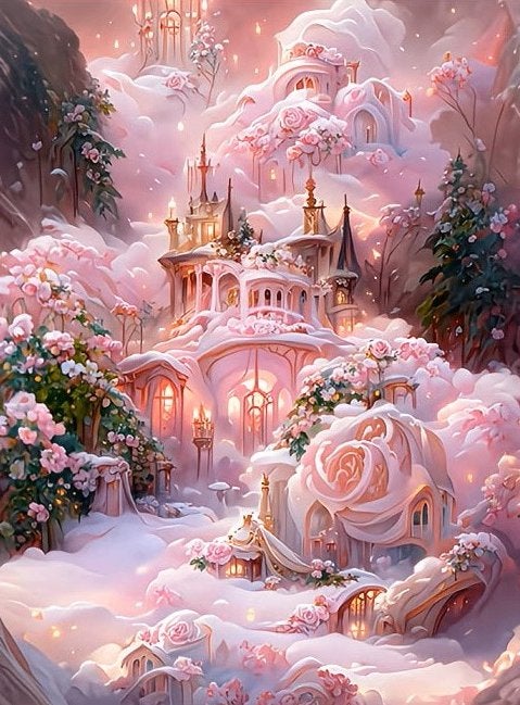 Peinture au diamant 50x40cm château rose (carré) n 43, Neuf, Fantasie, Autocollant, Diamond painting