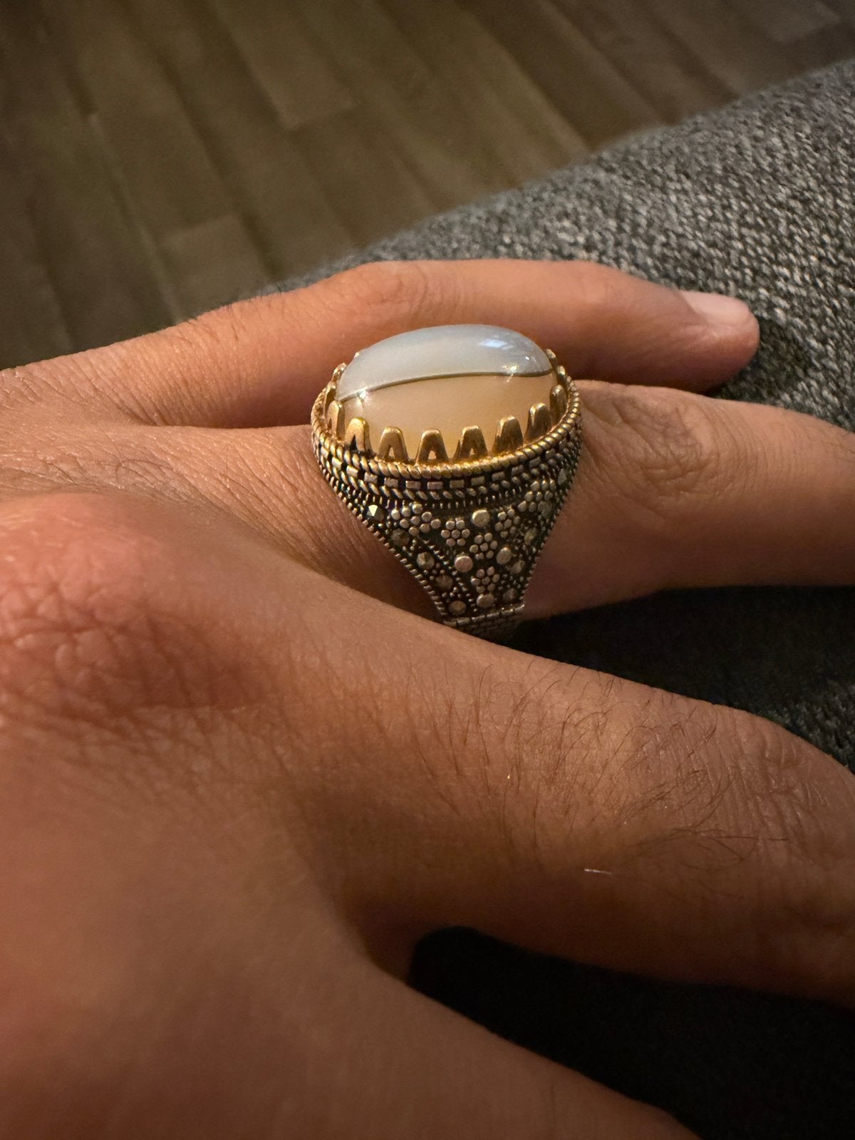Bague Vintage Argent 925 Dorée Grande Agate Ambrée Taille 67, Comme neuf, Avec pierre précieuse, Homme, Argent