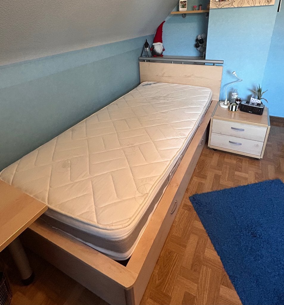 1-persoonsbed met lade, lattenbodem en nachtkastje, Ophalen, 90 cm, Eenpersoons, 200 cm