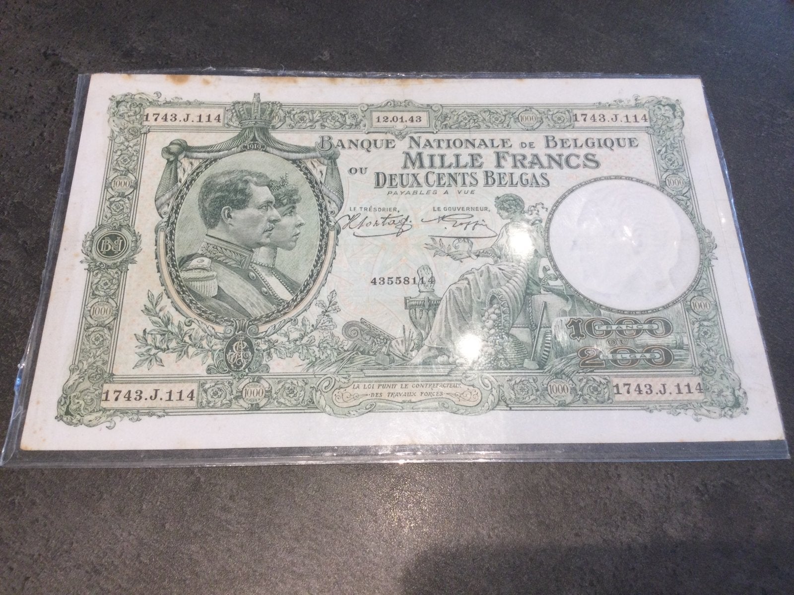 Belgique 1000 francs 1943, Timbres & Monnaies, Enlèvement ou Envoi