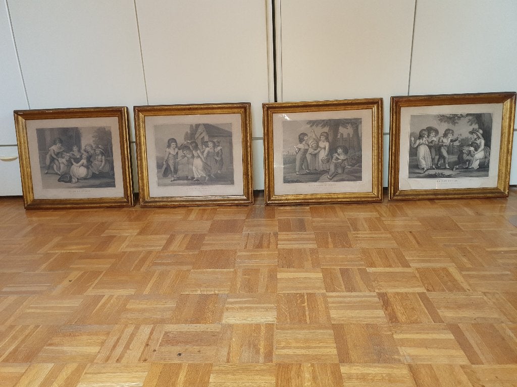 Complete serie van 4 antieke Franse gravures, Ophalen, Dagelijks leven, Met tekst, Gravure