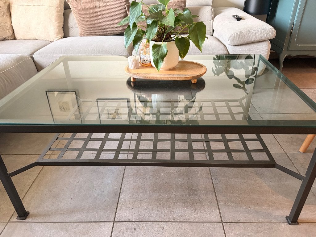 Salontafel van glas en zwart metaal — moderne stijl, Ophalen, Gebruikt, Rechthoekig, Glas