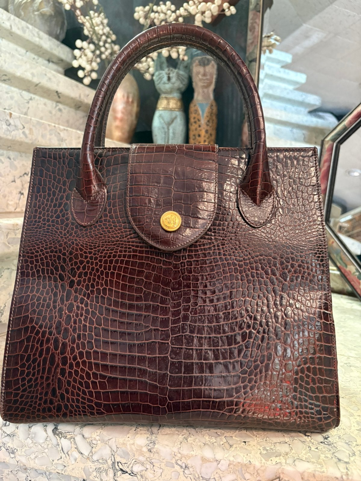 DIDIER LAMARTHE vintage croco handtas met pochette, Enlèvement ou Envoi, Comme neuf, Brun, Sac à main